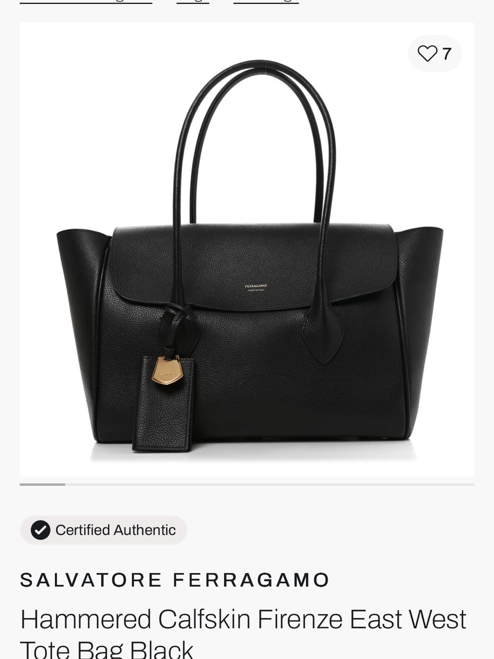 Salvatore Ferragamo Black Hammered Calfskin Firenze East West Tote